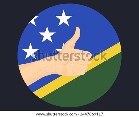 Hand approve sign with Solomon Island flag, thumb up, approval or vote concept, human finger ok sign, agreement or acceptance idea, Solomon Island flag with okay hand symbol design
