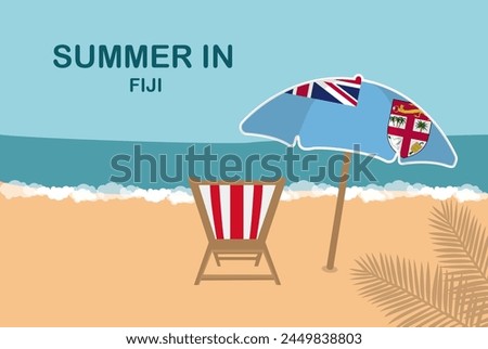 Summer in Fiji, beach chair and umbrella, vacation or holiday in Fiji, vacation concept vector design, summer holiday, sea sand sun, travel and tourism idea