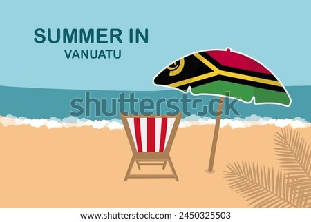 Summer in Vanuatu, beach chair and umbrella, vacation or holiday in Vanuatu, vacation concept vector design, summer holiday, sea sand sun, travel and tourism idea