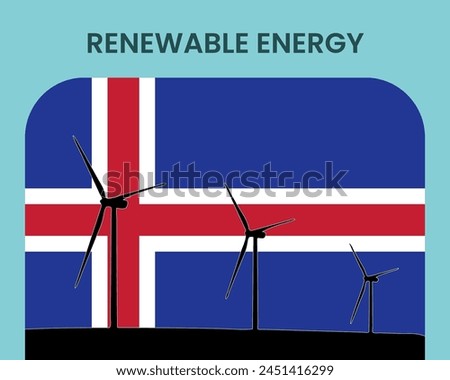 Iceland renewable energy, environmental and ecological energy idea, wind turbine with Iceland flag, electrical industry, alternative solar power