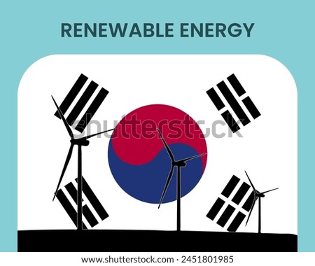 South Korea renewable energy, environmental and ecological energy idea, wind turbine with South Korea flag, electrical industry, alternative solar power