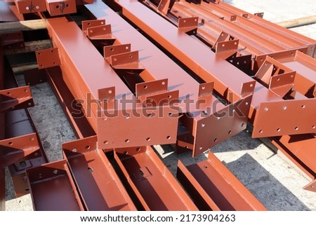 Various components such as columns, rafters, purlins, girts, and panels for steel erection of metal building. Сток-фото © 
