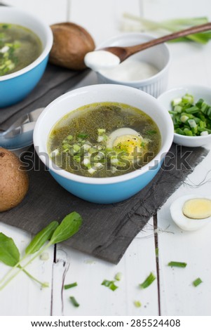 Light sorrel soup with egg served with green onion,sour cream and rye rolls