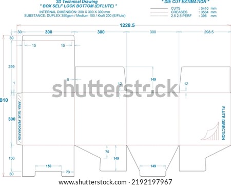 Die cut packaging layout: Self Lock Bottom Box E:Flute (2d technical drawing). Internal dimension: 300 x 300 x 300 mm (File Eps scale 1:1) equipped die cut estimation prepared for production.