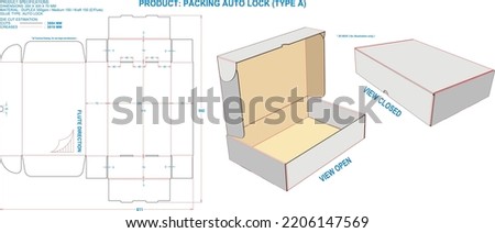 Die Cut Packaging: Box Packing Auto Lock (A) EF. Dimensions: 200 x 300 x 70 mm (File Eps scale 1:1). 2D: real illustrations. 3D: illustration only. Equipped die cut estimates prepared for production.
