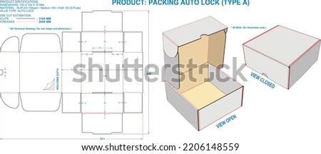 Die Cut Packaging: Box Packing Auto Lock (A) EF. Dimensions: 150 x 150 x 70 mm (File Eps scale 1:1). 2D: real illustrations. 3D: illustration only. Equipped die cut estimates prepared for production.