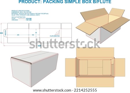 Packing Box Simple. Material: B Flute. Dimensions: 200 X 100 X 80 MM (Eps file scale 1:1). 2D: Real illustrations. 3D Box: Illustration only. Equipped die cut estimates prepared for production.