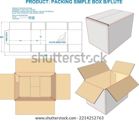 Packing Box Simple. Material: B Flute. Dimensions: 150 X 100 X 100 MM (Eps file scale 1:1). 2D: Real illustrations. 3D Box: Illustration only. Equipped die cut estimates prepared for production.