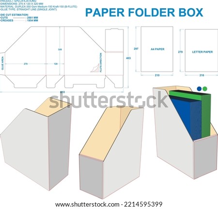 Paper Folder Box. Material: B Flute. Dimensions: 270 x 120 x 320 mm (Eps file scale 1:1). 2D: Real illustrations. 3D Box: Illustration only. Equipped die cut estimates prepared for production.
