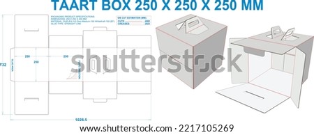 Tart Box. Material: E Flute. Dimensions: 250 X 250 X 250 MM (Eps file scale 1:1). 2D: Real illustrations. 3D Box: Illustration only. Equipped die cut estimates prepared for production.