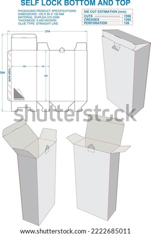 Self Lock Bottom and Top Box. Material: Duplex-310 gsm. Dimensions: 100 X 50 X 150 MM (Eps file scale 1:1). 2D: Real illustrations. 3D Box: Illustration only. Equipped die cut estimates prepared for 