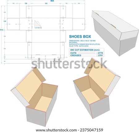 Die cut packaging: Shoes Box. 2D TD: Real illustrations. 3D Box: illustration only. Dimension: 350 x 150 x 150 mm (File Eps scale 1:1) equipped die cut estimates prepared for production.