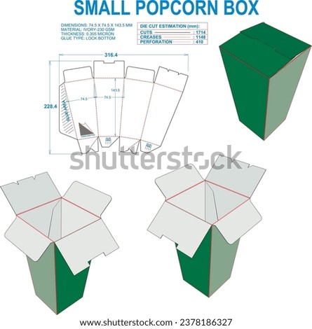 Die cut packaging. 2D Technical Drawing: Real illustrations. Dimension: 74.5x74.5x143.5 mm (File Eps scale 1:1) equipped die cut estimates prepared for production. 3D Box: illustration only.
