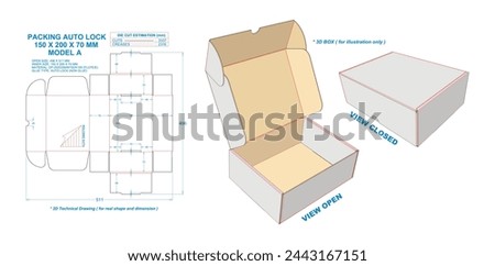 Packing Auto Lock 150 X 200 X 70 mm. 2D Technical Drawing: Real illustrations (File Eps scale 1:1) equipped die cut estimates prepared for production. 3D Box: illustration only.