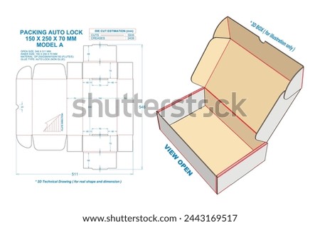 Packing Auto Lock 150 X 250 X 70 mm. 2D Technical Drawing: Real illustrations (File Eps scale 1:1) equipped die cut estimates prepared for production. 3D Box: illustration only.