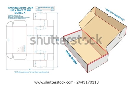 Packing Auto Lock 150 X 300 X 70 mm. 2D Technical Drawing: Real illustrations (File Eps scale 1:1) equipped die cut estimates prepared for production. 3D Box: illustration only.