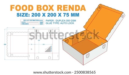 FOOD BOX RENDA 200 X 200 X 75 MM. 2D Technical Drawing: real shape and dimension illustrations (File Eps scale 1:1) equipped die cut estimates prepared for production. 3D Box: illustration only.