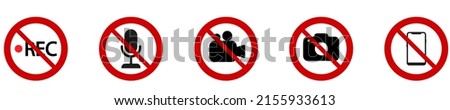 No record icons. Video, photo, phone, sound recording forbidden logo icons. eps10