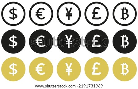 Icons dollar, pound, euro, yuan, bitcoin. Internet flat icon symbol for applications. eps10