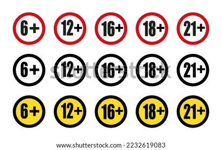 Age restriction signs 6, 12, 16, 18 and 21 age limit concept. Vector on isolated white background.  EPS 10.