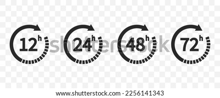 12, 24, 48 and 72 hours clock arrow. Delivery and service time. Vector icon Illustration. EPS 10