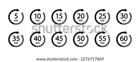 10, 15, 20, 25, 30, 35, 40, 45, 50 min,Timer, clock. Countdown timer icons set. Isolated vector illustration. 