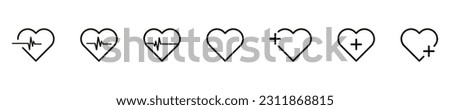 Heart vector icon.  Collection of vector heartbeats signs or linear icons.   Heart shape with pulse line. Vector illustration