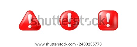 Exclamation sign red three-dimensional buttons. Alert rounded circle, triangle and square button set.