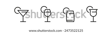 Cocktail outline vector icon set. Alcohol drink glass icons.