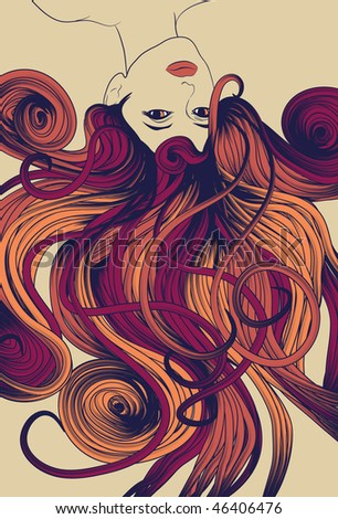Upside down woman's face with long detailed flowing hair