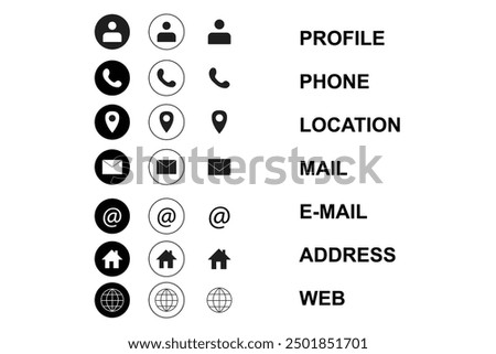 Set of contact thin line icons. Collection of basic contact icons. profile, telephone, location, mail, e-mail, address, and web. Vector