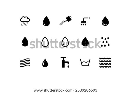 black water sprinkler icon set,dropping water silhouette and blob,droplet and wave set icon,vector illustration.