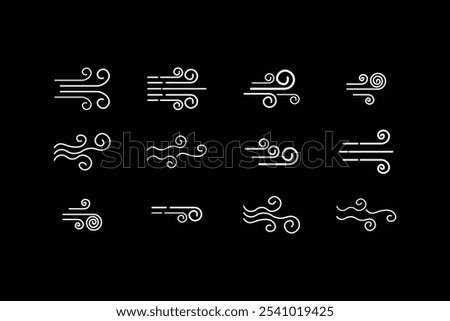 Collection of wind gusts isolated on black background. Flat wind icon, silhouette. Wind gust icon vector illustration.