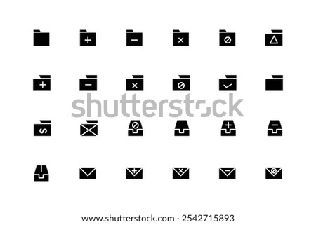 Collection of document and folder icons. Vector illustration in black. Office stationery web design element isolated on white background. Storage of documentation, archives.