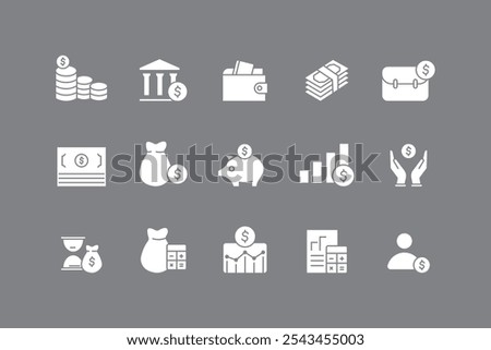 Set of financial business icons. Money, cash, bank, check, profit, payment, wallet. Business collection. In white flat style. Vector illustration.