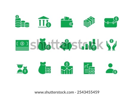 Set of financial business icons. Money, cash, bank, check, profit, payment, wallet. Business collection. In green flat style. Vector illustration.