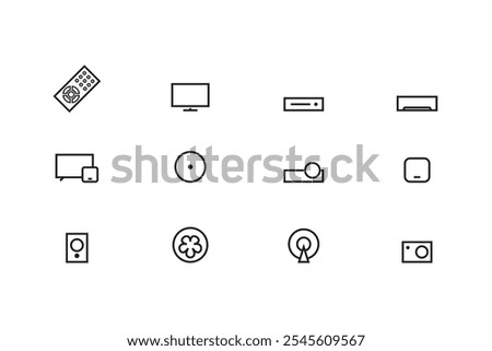 Remote control icons, Mi TV Mi Box, television, set top box, AC, Fan, Smart box, A V Receiver, DVD player, Projector, Chinese satellite TV and Camera.In outlane style.Vector illustration.