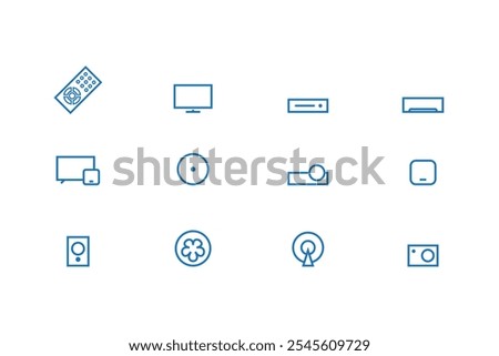 Icons of remote control, Mi TV Mi Box, television, set top box, AC, Fan, Smart box, A V Receiver, DVD player, Projector, Chinese satellite TV and Camera.In blue outlane style.Vector illustration.