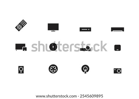 Remote control icons, Mi TV Mi Box, television, set top box, AC, Fan, Smart box, A V Receiver, DVD player, Projector, Chinese satellite TV and Camera.In flat style.Vector illustration.