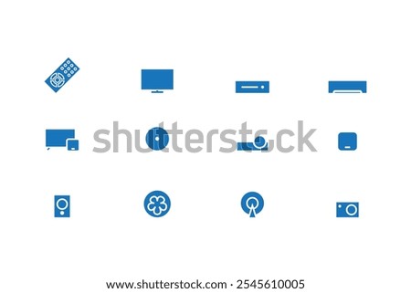 Remote control icons, Mi TV Mi Box, television, set top box, AC, Fan, Smart box, A V Receiver, DVD player, Projector, Chinese satellite TV and Camera.In blue flat style.Vector illustration.