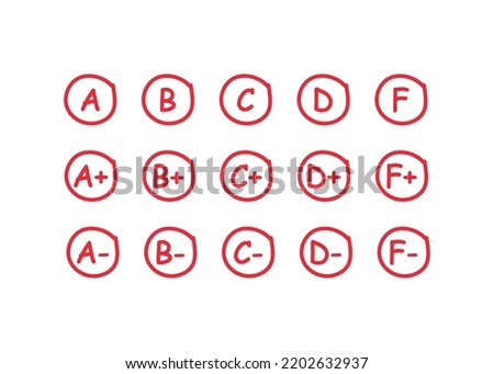 Class grades with circles, pluses, minuses icon set. Assessment results illustration symbol. Sign hand drawn school exam results vector flat.