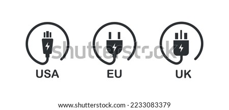 Types of socket plugs icon set. Cable plugs type usa, uk, eu illustration symbol. Sign electric plug vector flat.