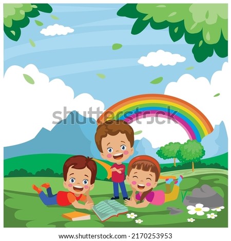 Happy Kids Studying Reading Book Lying Down İn The Forest İn The Countryside