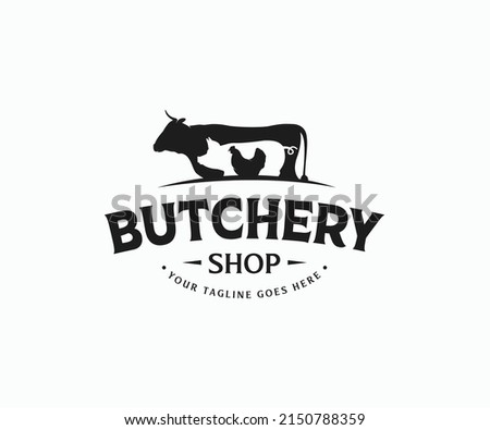 Vintage Butchery Logo. Retro Styled Meat Shop Emblem. Butcher Shop Logo. Meat Label Template with Farm Animals Silhouettes. Stockfoto © 