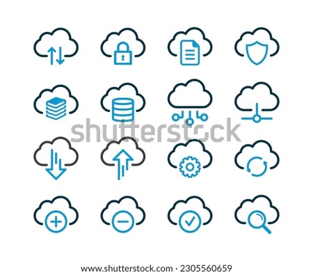 Computer Cloud Icons Set Vector. Cloud service and technology line icons. Cloud network and data vector linear icon set.