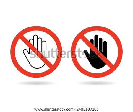 Forbidden sign with stop hand glyph icon. Signs off limits. Vector stop sign icon. No entry prohibition. Do not touch icon.