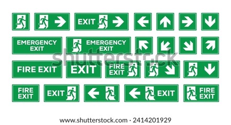 Emergency exit sign set. Emergency and fire exit icons. Man running out arrow, green background.