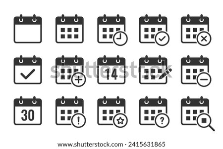 Calendar icon set. Containing date, schedule, month, week, appointment, agenda, organization, and event icons.