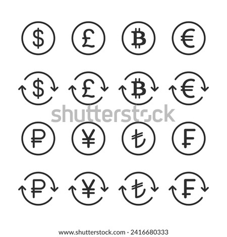 currency symbol icon sets. Currency exchange line icon set. Dollar, euro, pound, russian ruble, yen, bitcoin minimal vector illustration.