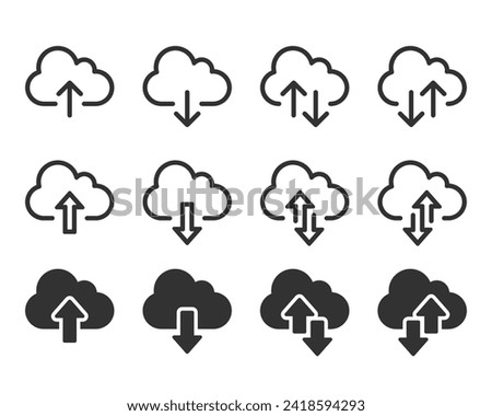 Cloud download and upload icons set. Upload download cloud computing outline and filled vector sign.